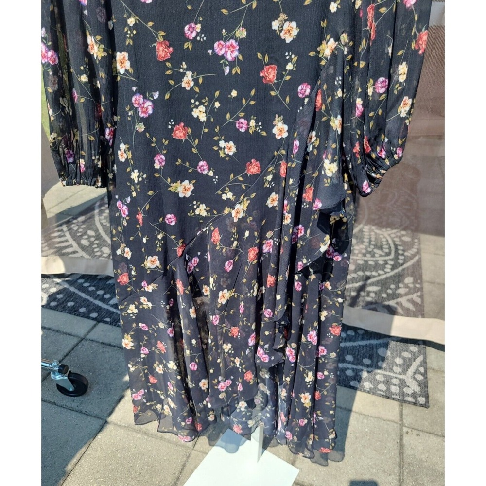 Guess Darcelle Whimsy Floral Printed Black Long Sleeve Ruffled Dress Size: 6 - Picture 4 of 9